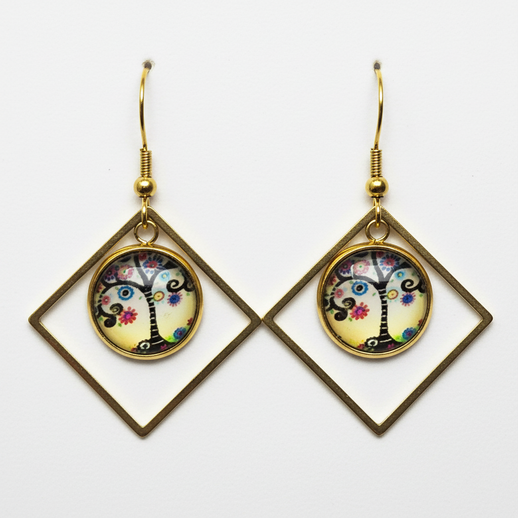 Colorful Tree of Life Gold Diamond Dangle Earrings – Handmade Floral Swirl Symbolic Jewelry Gift for Her