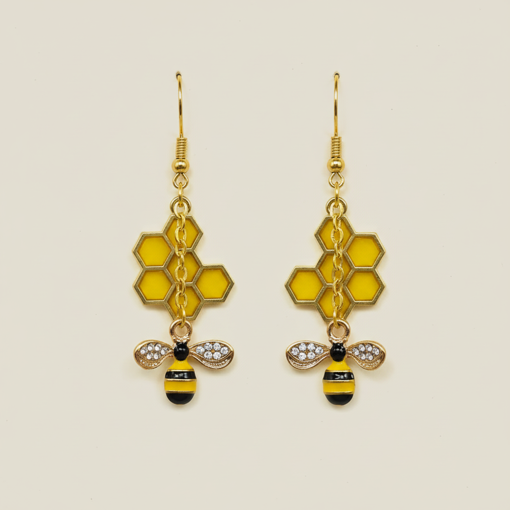 Honeycomb and Bee Dangle Earrings - golden hexagonal honeycomb with sparkly rhinestone bee charms