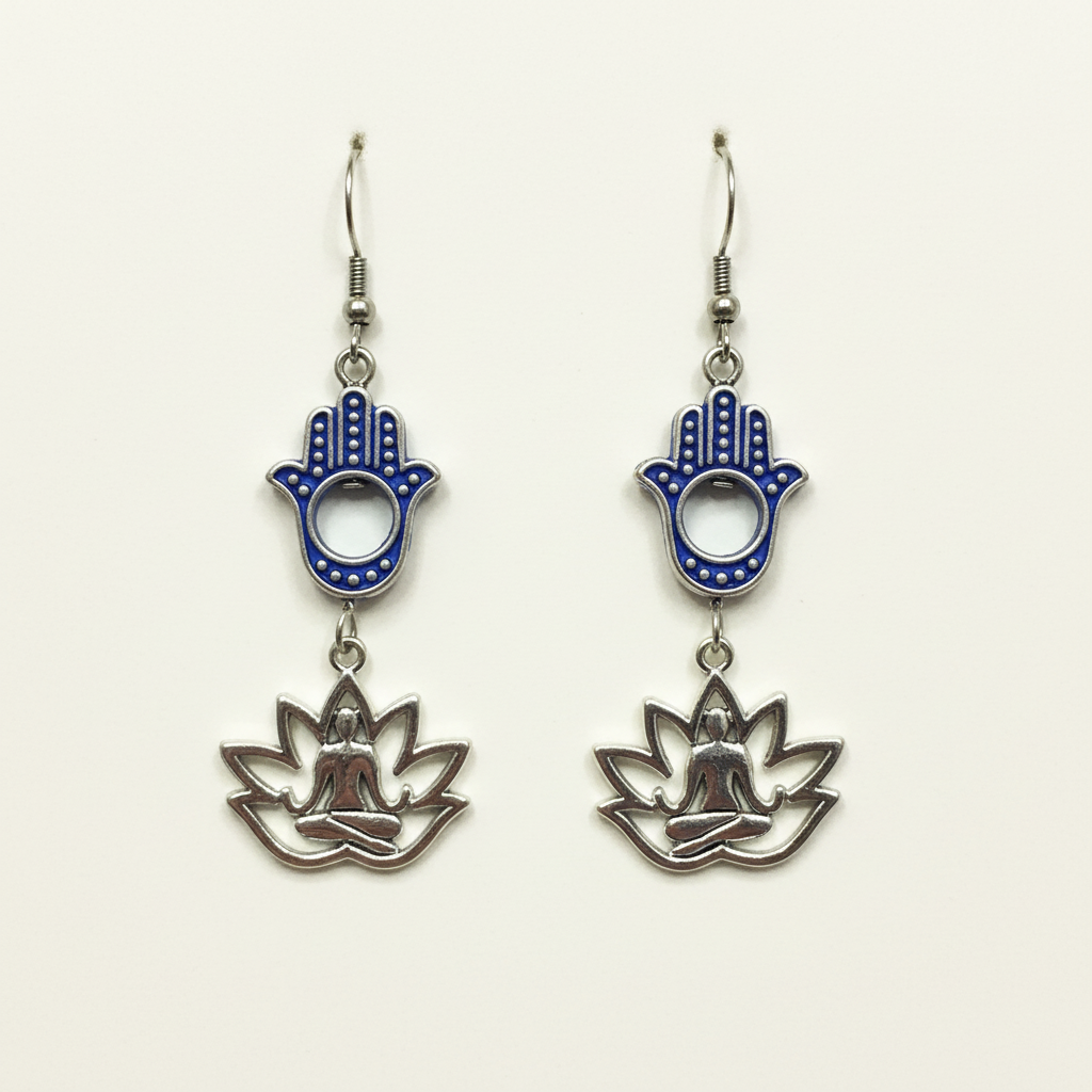 Hamsa and Lotus Buddha Dangle Earrings - blue enamel hamsa hands with silver lotus Buddha charms