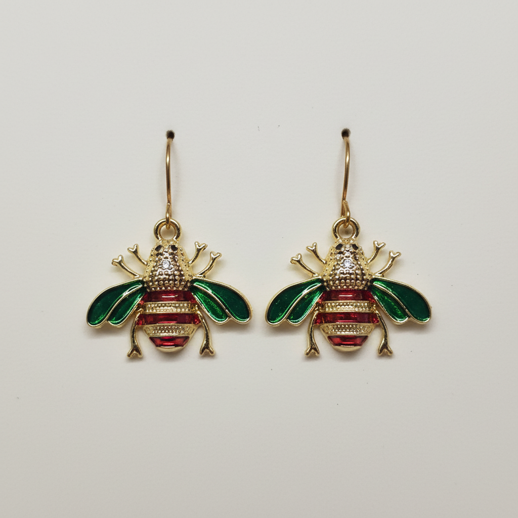 Luxe Jeweled Bee Earrings - sparkling rhinestone bee earrings with emerald green wings, gold and magenta details