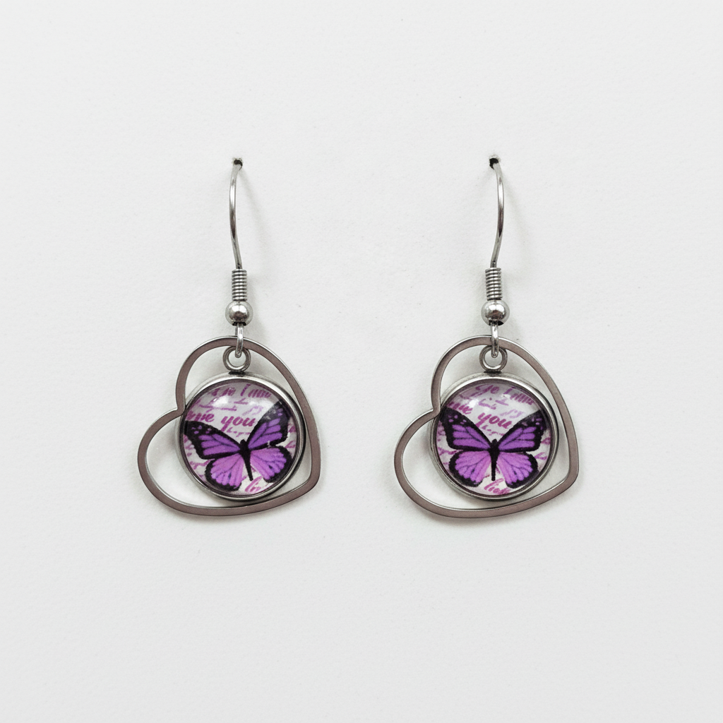 Purple Butterfly Heart Dangle Earrings – Handmade Silver Heart Frame Whimsical Nature Jewelry Gift for Her