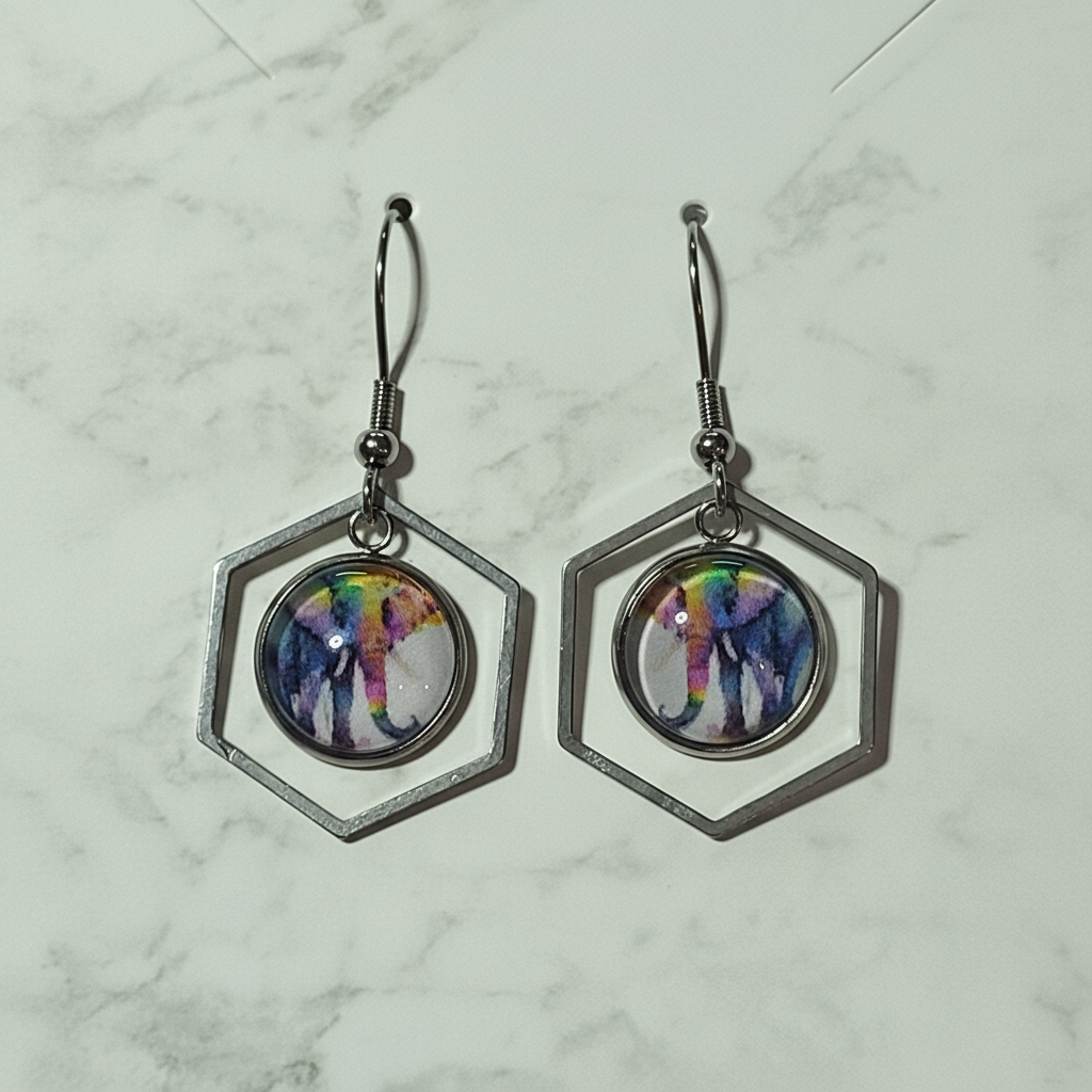 Watercolor Elephant Hexagon Earrings - handcrafted artistic earrings with vibrant watercolor elephant design