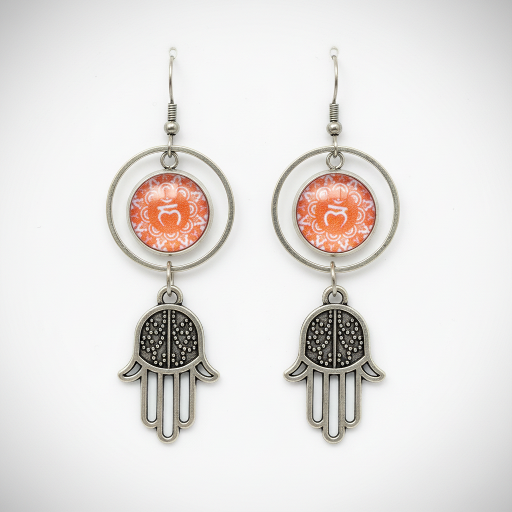 Chakra and Hamsa Dangle Earrings - orange-pink chakra symbols with silver hamsa hand charms