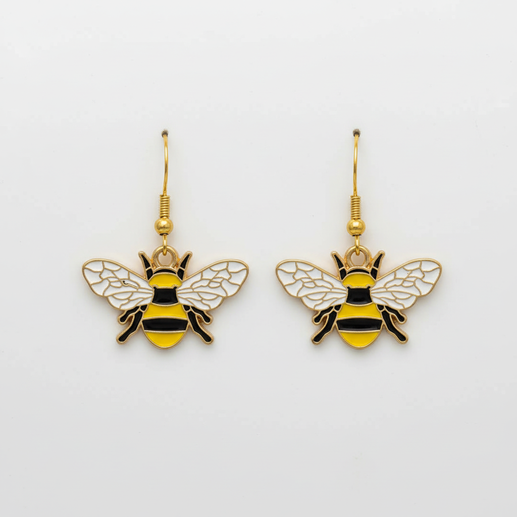 Golden Bumblebee Earrings - whimsical yellow and black bee dangle earrings with gold wings