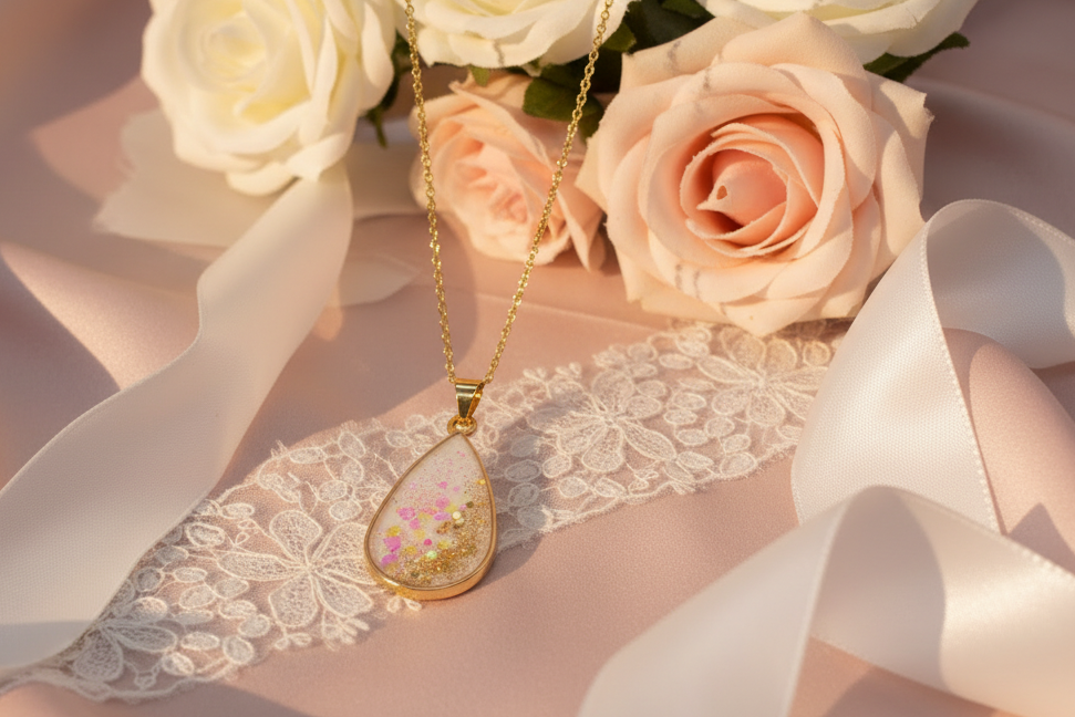 Elegant lifestyle shot of pink pendant on silk