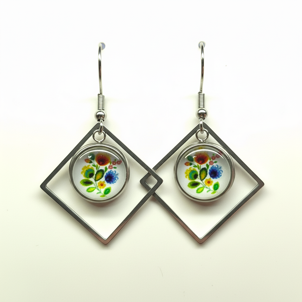 Silver dangle earrings with hand-painted watercolor floral medallions in diamond frames