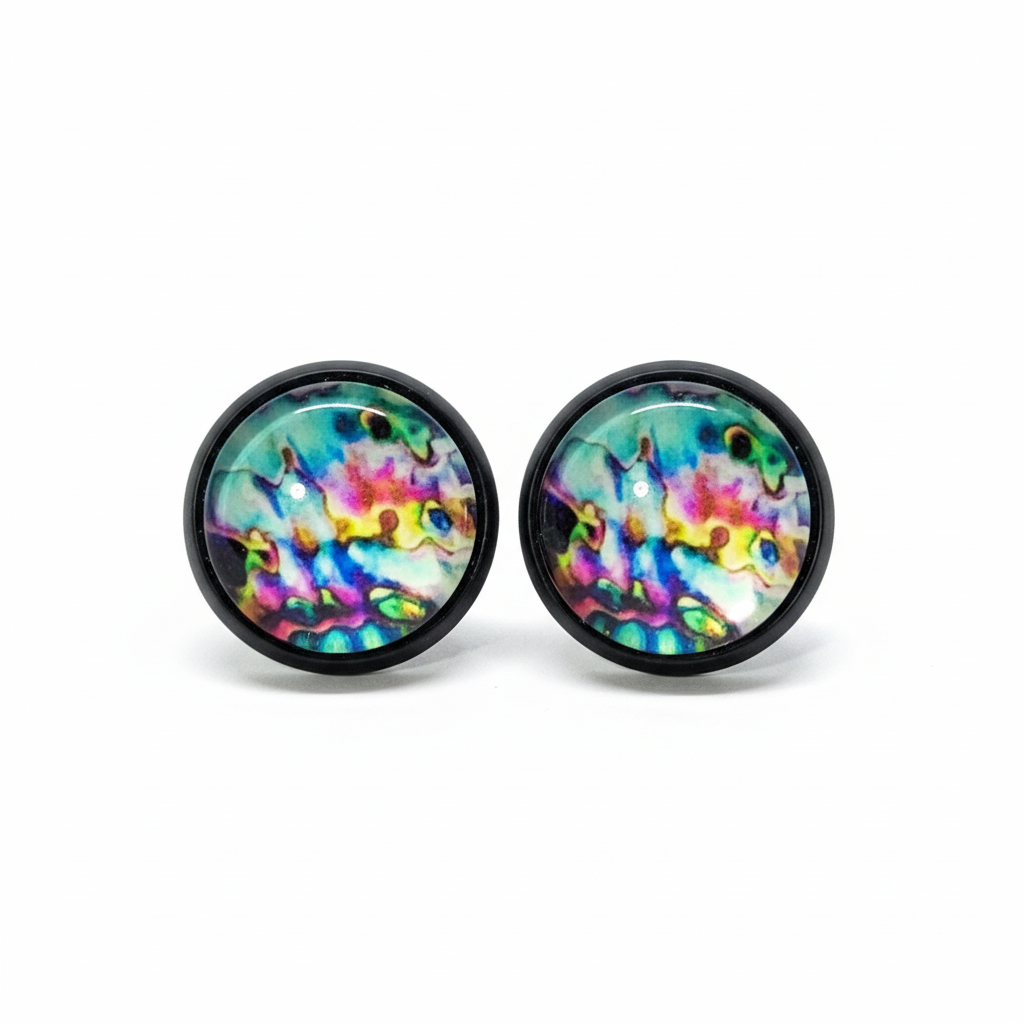 Vibrant abstract art stud earrings on white background