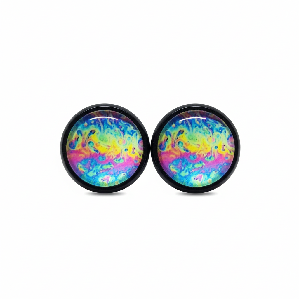 Rainbow swirl abstract stud earrings on white background
