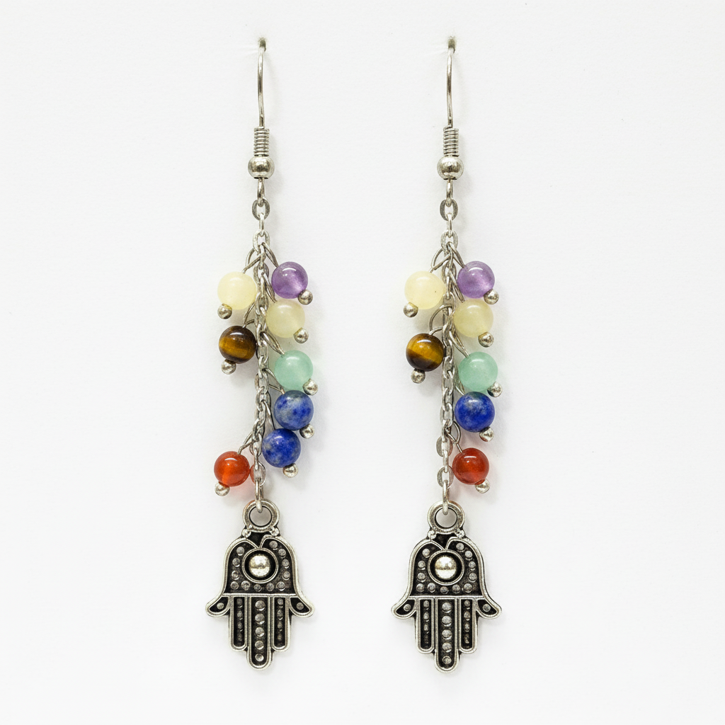 Seven Chakra Gemstone and Hamsa Dangle Earrings - rainbow chakra stones with silver hamsa hand charms