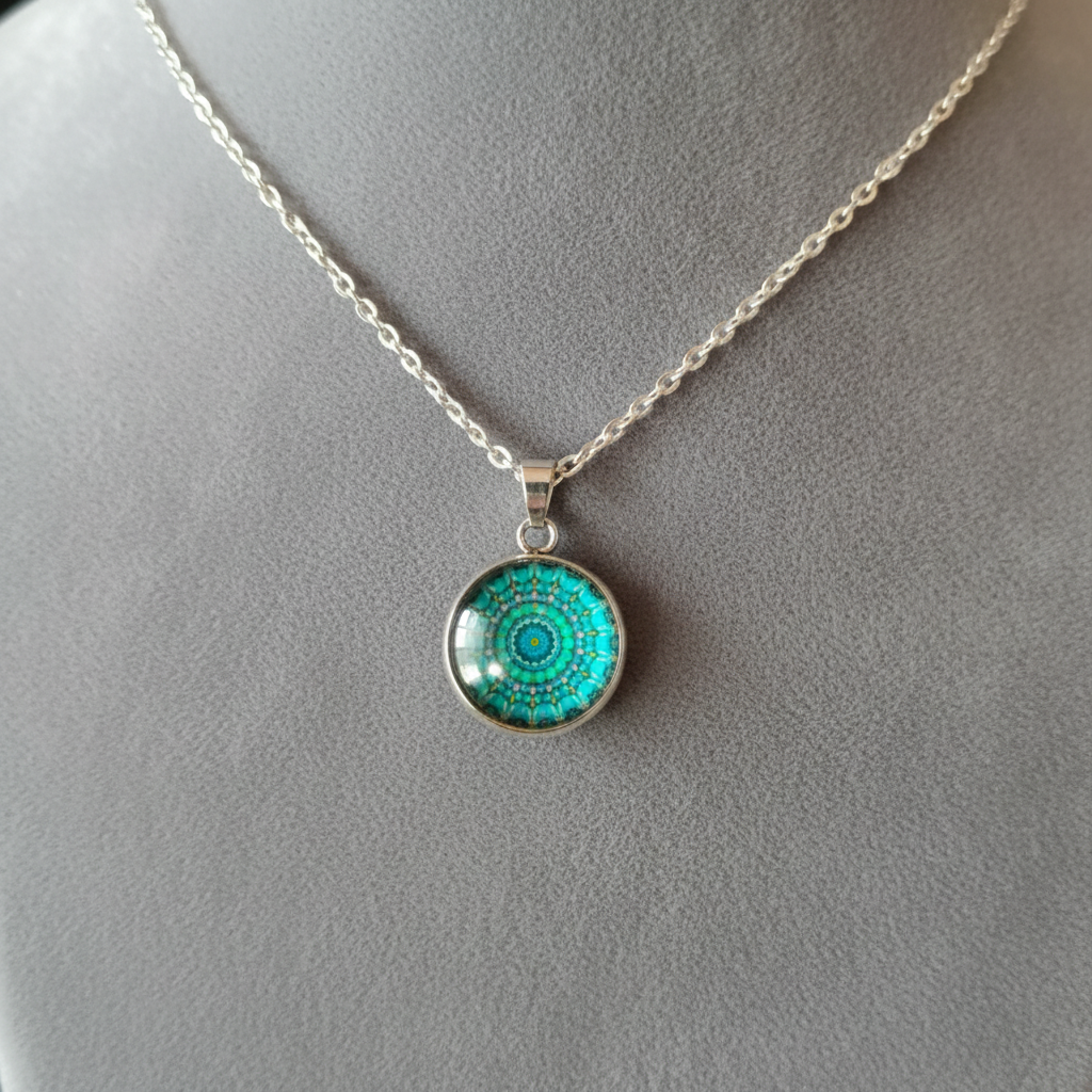 Angled view of petite turquoise mandala pendant on velvet background