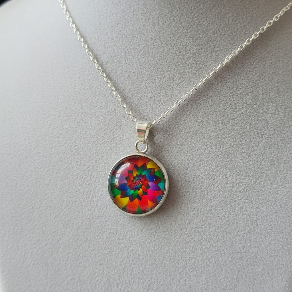 Angled view of petite rainbow kaleidoscope mandala pendant on velvet background