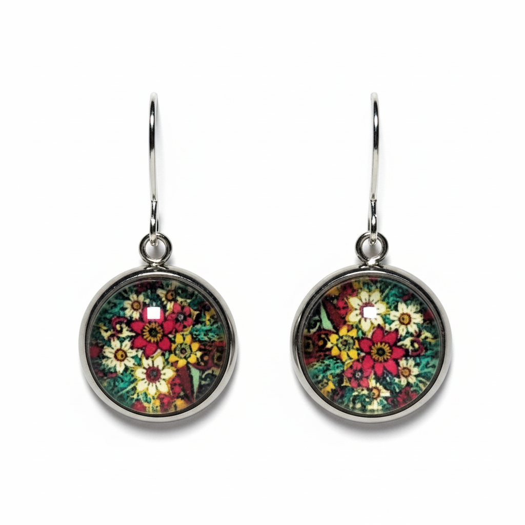 Garden Mosaic Circle Earrings - handcrafted floral mosaic statement earrings with glass dome