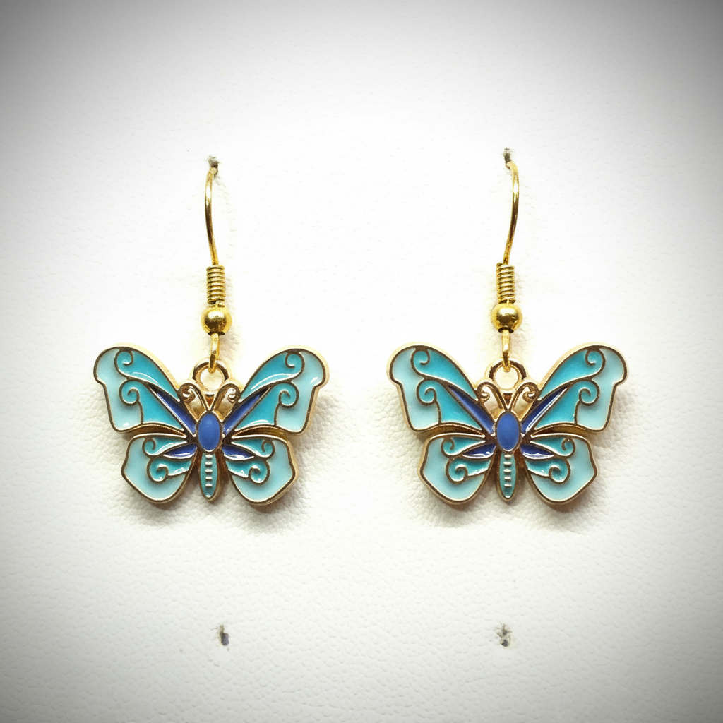 Turquoise and Blue Scroll Butterfly Earrings - elegant enamel butterfly earrings with ornate scroll patterns and gold details
