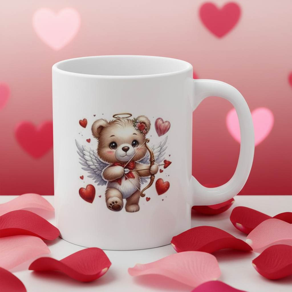 Valentine's Day cupid bear mug with angel wings - professional product photography