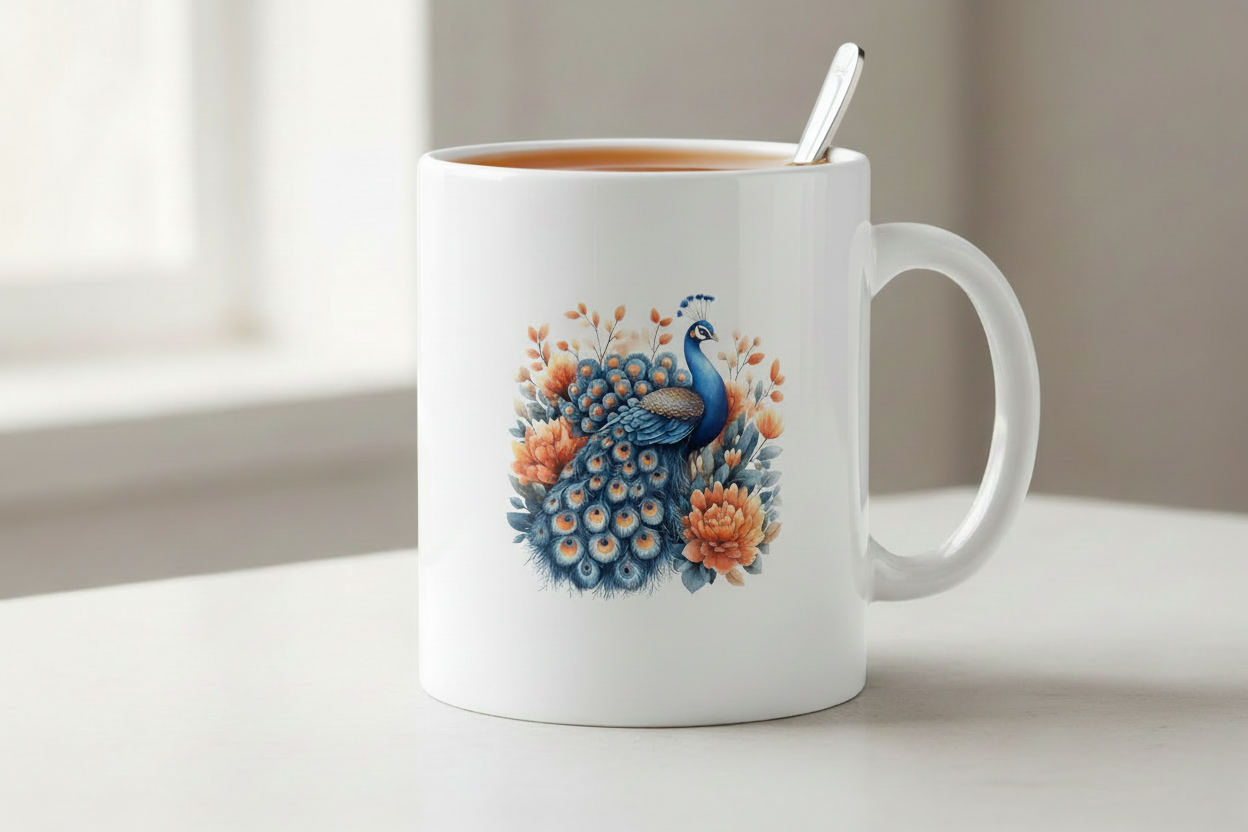 Peacock with coral florals mug mockup