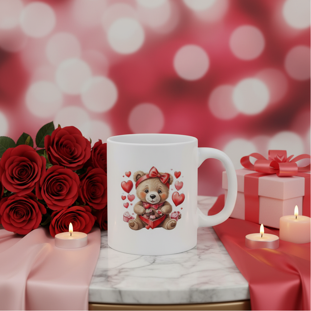 Professional Valentine's Day photo shoot with bear and chocolates mug, roses, gift boxes and candles