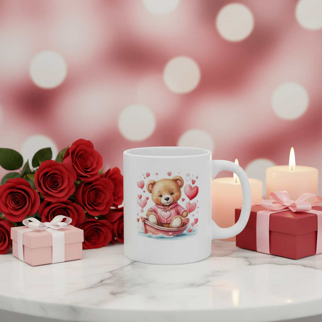 Professional Valentine's Day photo shoot with bear in boat mug, roses, gift boxes and candles