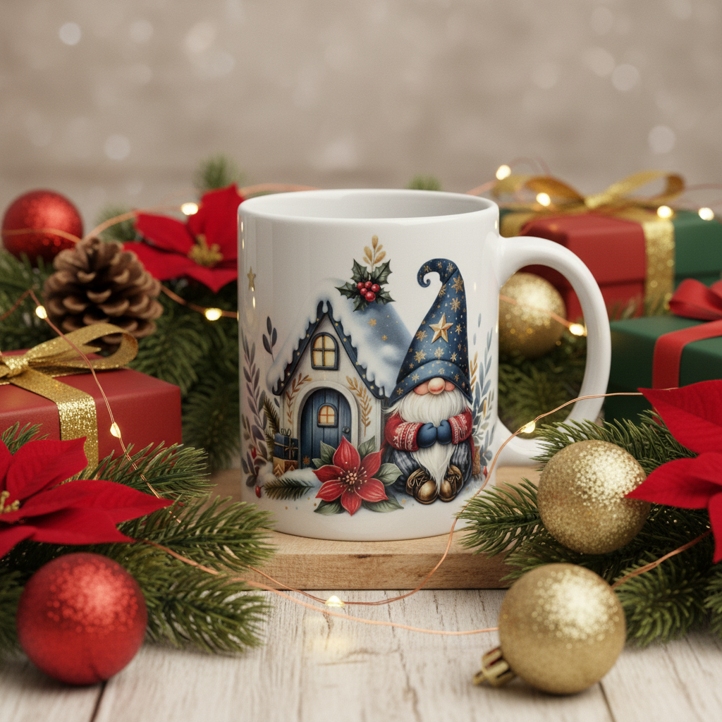 Tall Hat Gnome with Cottage - Cozy Holiday Setting