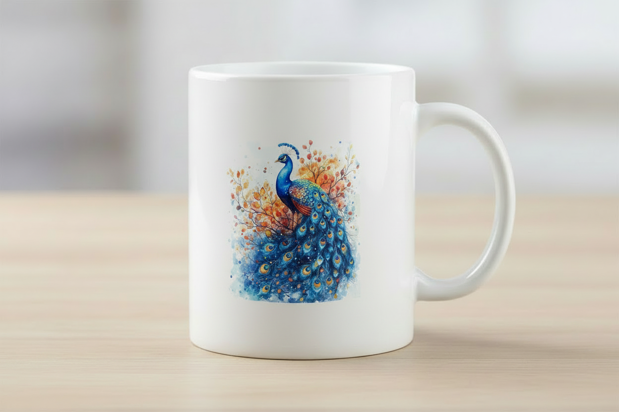 Watercolor peacock mug mockup