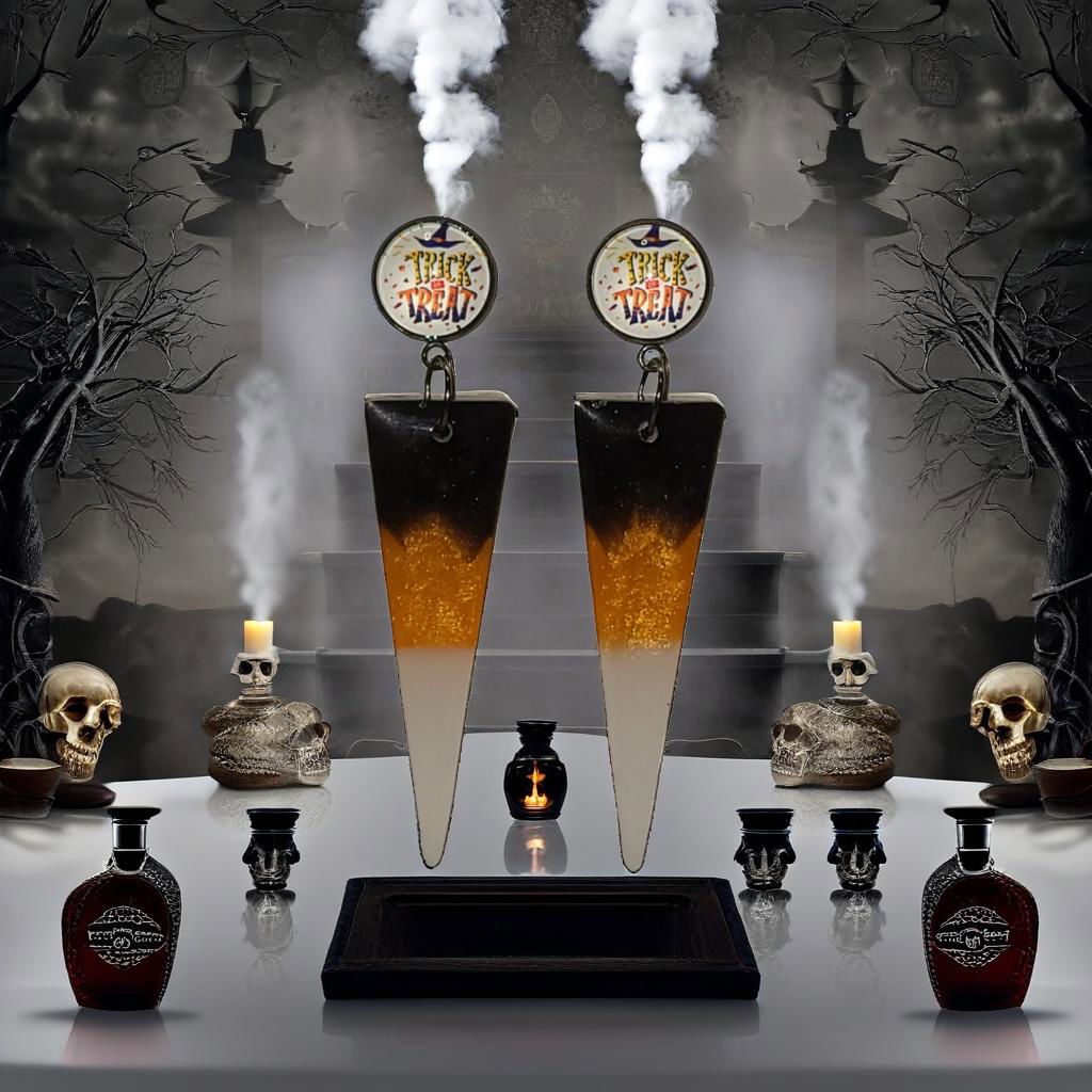 Black and orange gradient resin triangle dangle earrings styled in spooky Halloween scene with skulls and candles