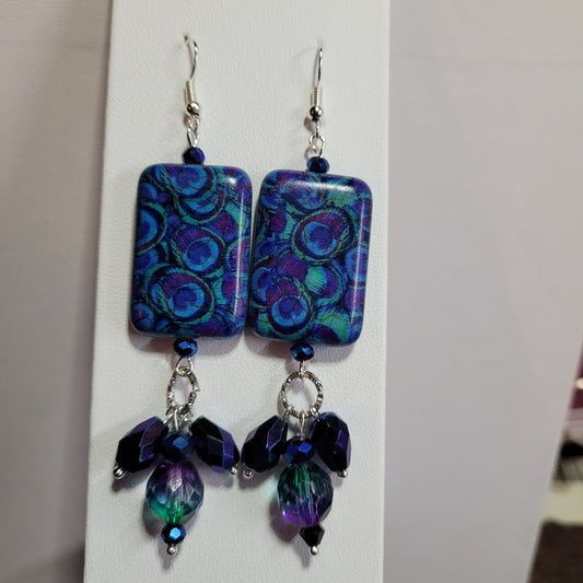 Purple Blue Peacock Polymer Clay Earrings - Handcrafted Beaded Dangle
