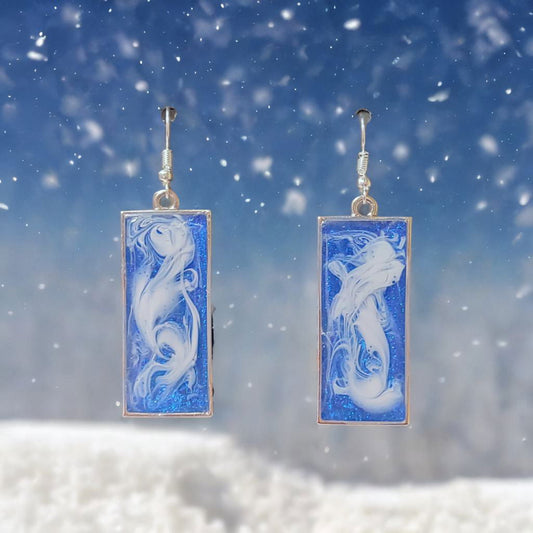 Blue & White Swirl Resin Rectangle Dangle Earrings – Handmade Ocean Wave Jewelry Gift for Her