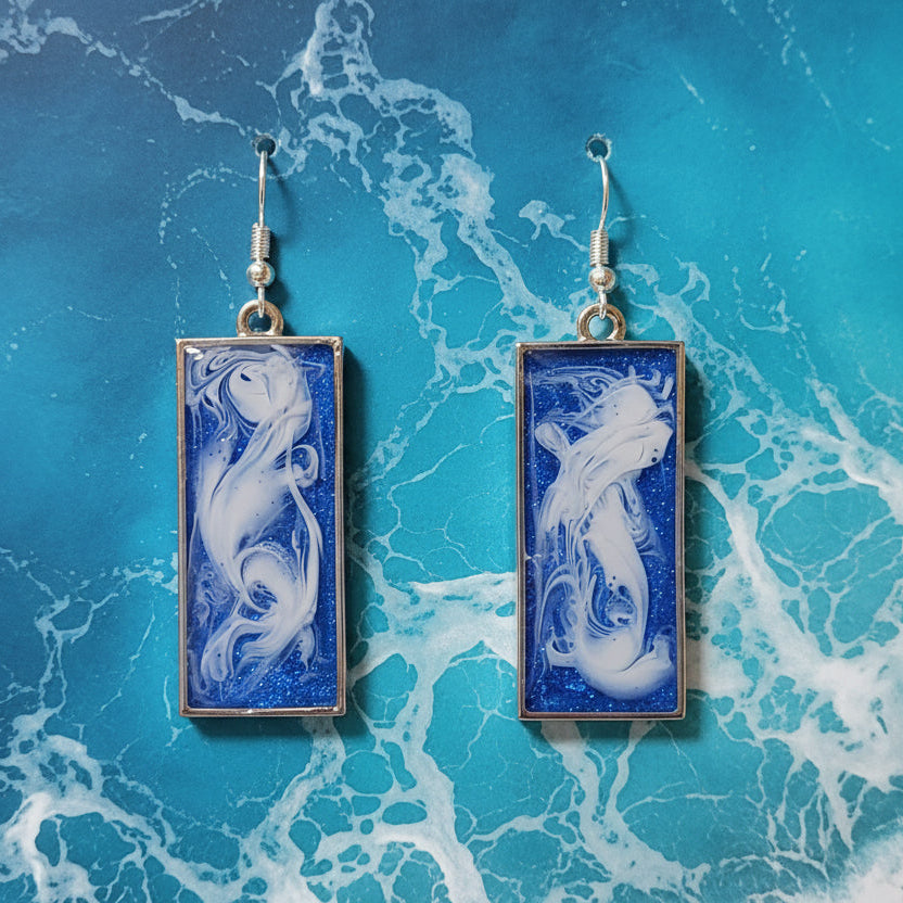 Blue Mermaid Resin Earrings - Ocean Wave Rectangle Dangle
