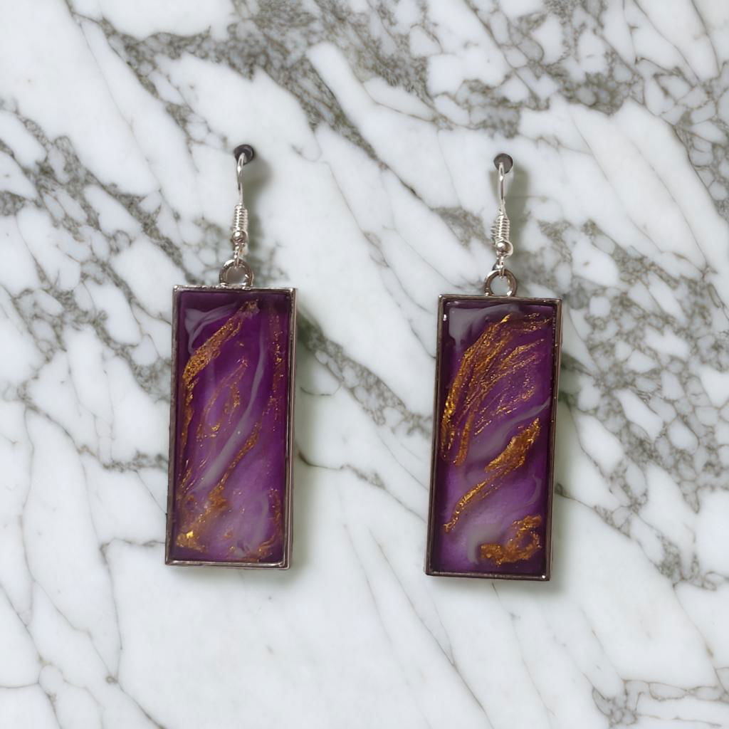 Purple Gold Leaf Resin Earrings - Elegant Rectangle Dangle