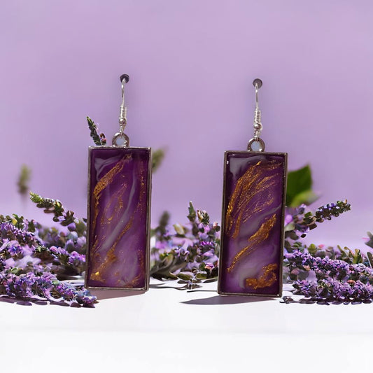 Purple & Gold Leaf Resin Rectangle Dangle Earrings – Handmade Elegant Nature-Inspired Jewelry Gift for Her