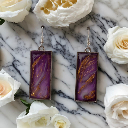 Purple Gold Leaf Resin Earrings - Elegant Rectangle Dangle