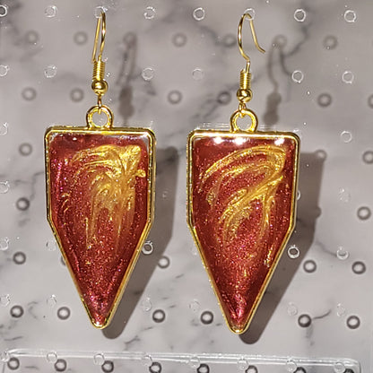 Coral Red Gold Leaf Arrow Earrings - Resin Dangle