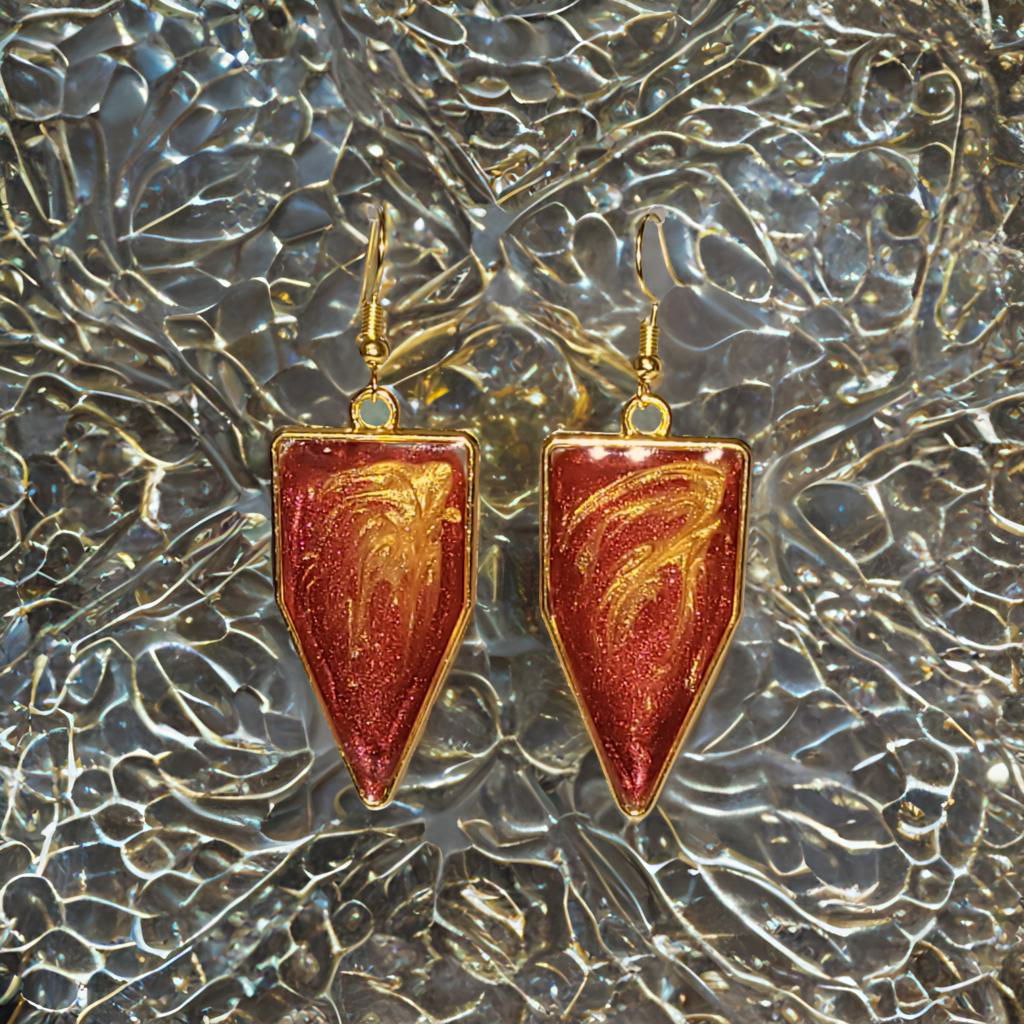 Coral Red Gold Leaf Arrow Earrings - Resin Dangle