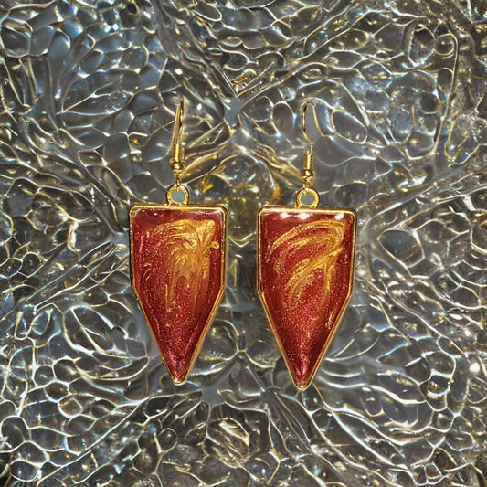Coral Red Gold Leaf Arrow Earrings - Resin Dangle