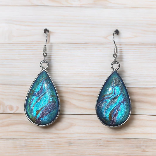 Turquoise Galaxy Resin Teardrop Dangle Earrings – Handmade Cosmic Glitter Ocean-Inspired Jewelry Gift for Her
