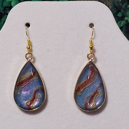 Blue Burgundy Gold Galaxy Resin Teardrop Earrings - Glitter Dangle
