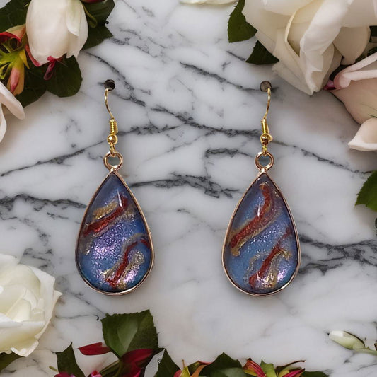 Blue Burgundy Gold Galaxy Resin Teardrop Earrings - Glitter Dangle