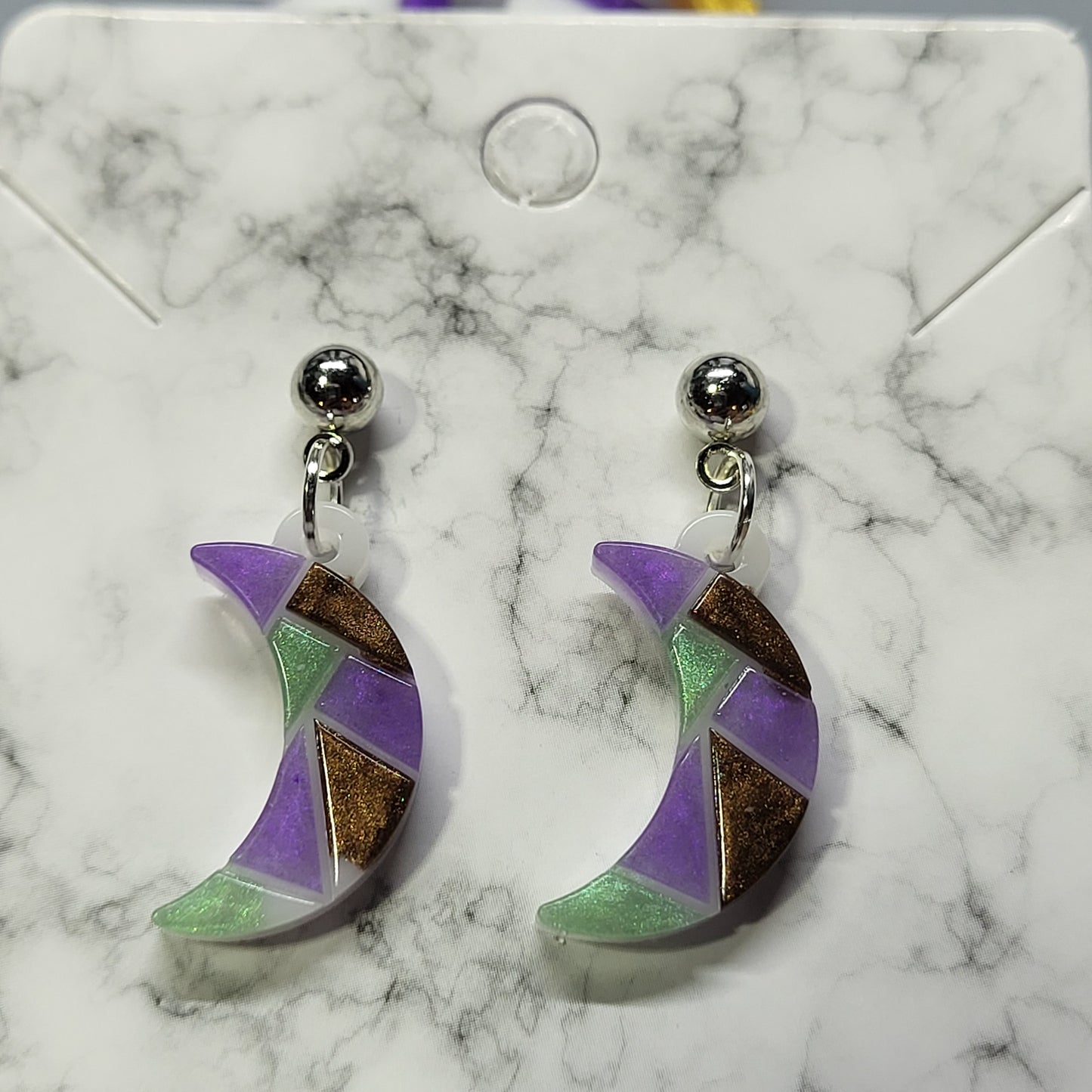 Purple Green Bronze Crescent Moon Resin Dangle Earrings - Handcrafted Glitter