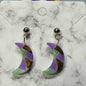 Purple Green Bronze Crescent Moon Resin Dangle Earrings - Handcrafted Glitter