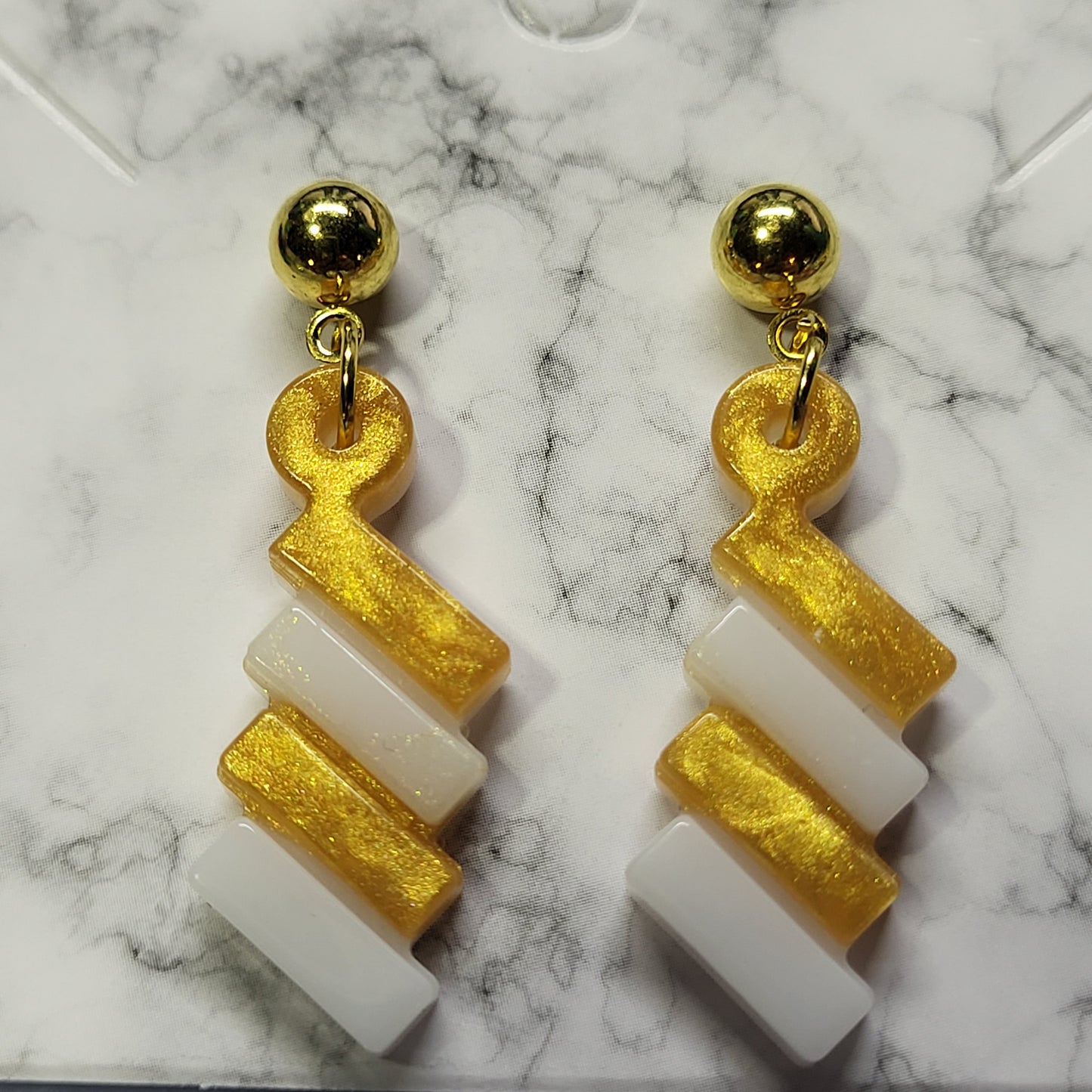 Gold & White  Resin Dangle Earrings - Handcrafted Geometric