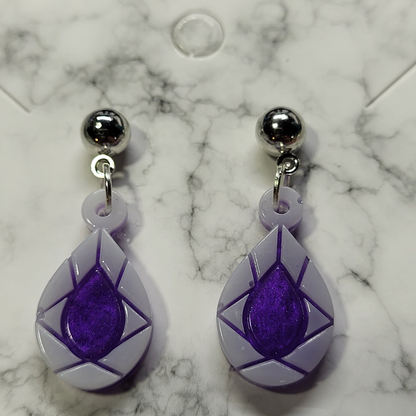 Purple Geometric Teardrop Resin Dangle Earrings - Handcrafted Lavender
