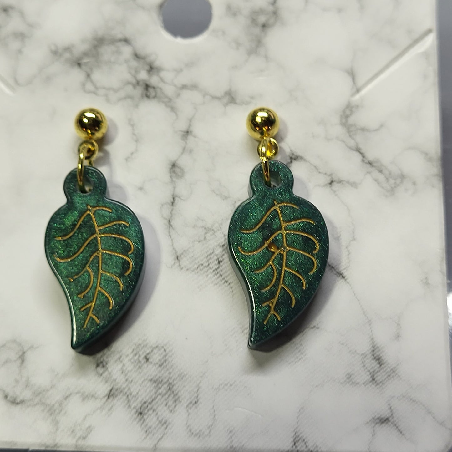 Green Leaf Resin Dangle Earrings - Handcrafted Nature Inspired