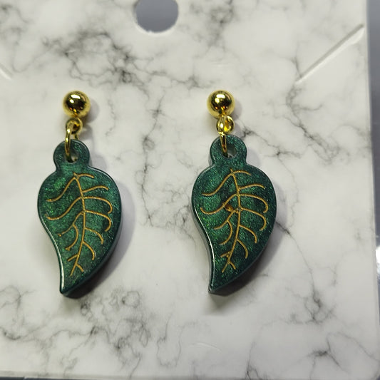 Green Leaf Resin Dangle Earrings - Handcrafted Nature Inspired