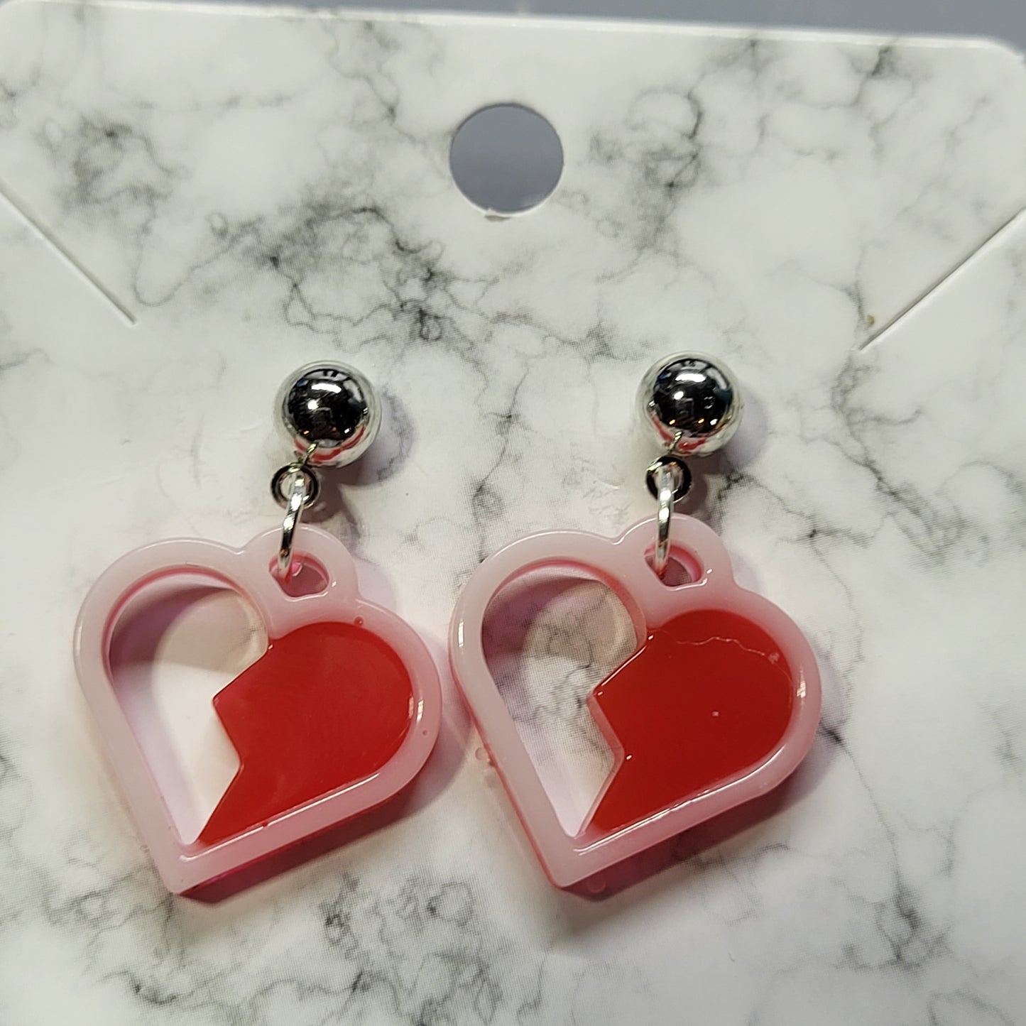 Pink & Red Jagged Half Heart Resin Dangle Earrings - Handcrafted Valentine