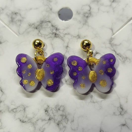 Purple & White Butterfly Resin Dangle Earrings - Handcrafted Gold Dots