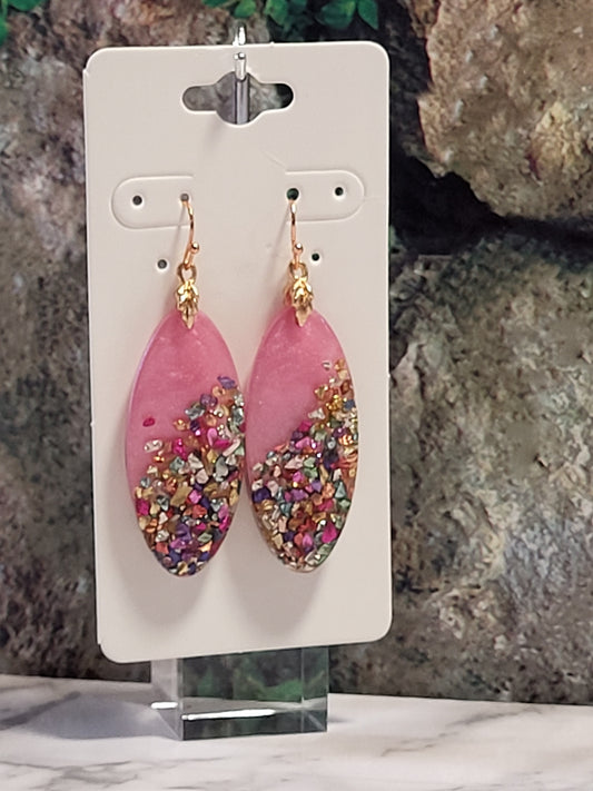 Pink Multicolor Crushed Glass Teardrop Earrings - Glitter Resin Dangle