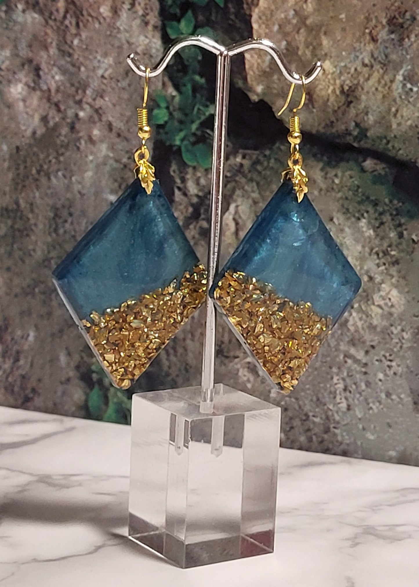 Teal Gold Crushed Glass Diamond Earrings - Resin Dangle