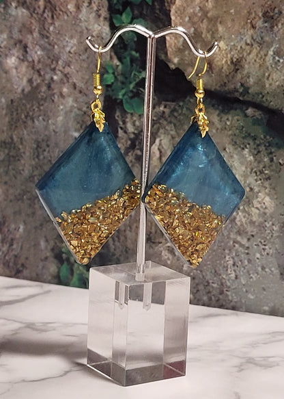 Teal Gold Crushed Glass Diamond Earrings - Resin Dangle