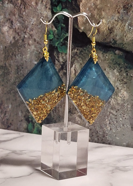 Teal & Gold Crushed Glass Diamond Resin Dangle Earrings – Handmade Ocean-Inspired Sparkle Jewelry Gift for Her