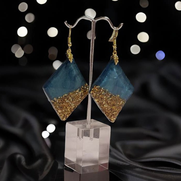 Teal Gold Crushed Glass Diamond Earrings - Resin Dangle