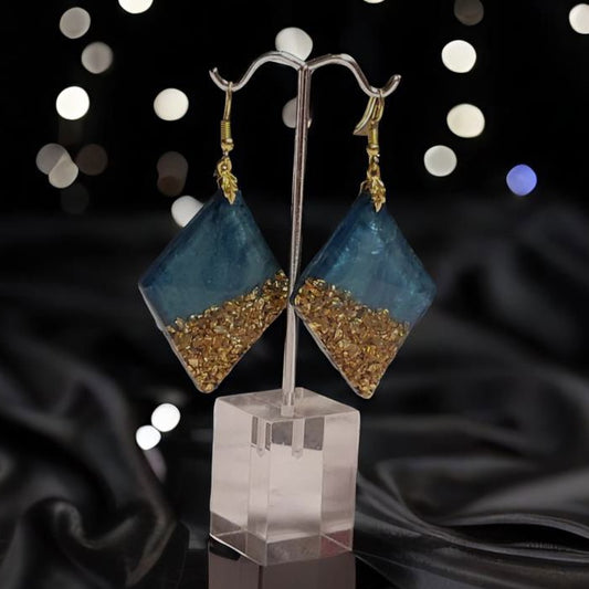 Teal Gold Crushed Glass Diamond Earrings - Resin Dangle